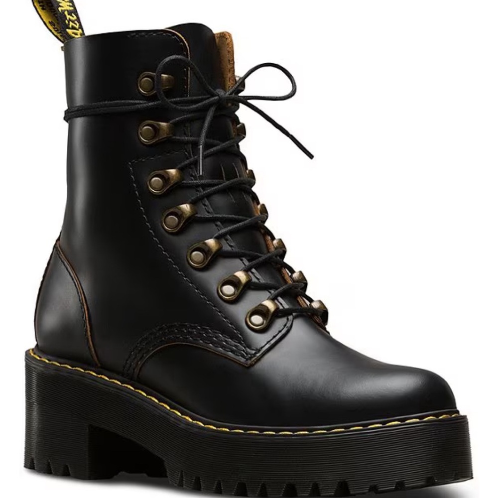 Dr Martens Leona Black Platform Heeled Hiking Boots Size 6 New